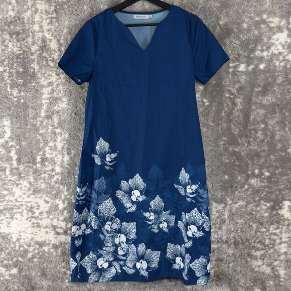 Misslook Size M Floral Print V Neck Midi Shirt Dress Blue Short Sleeve Pullover - Picture 1 of 9